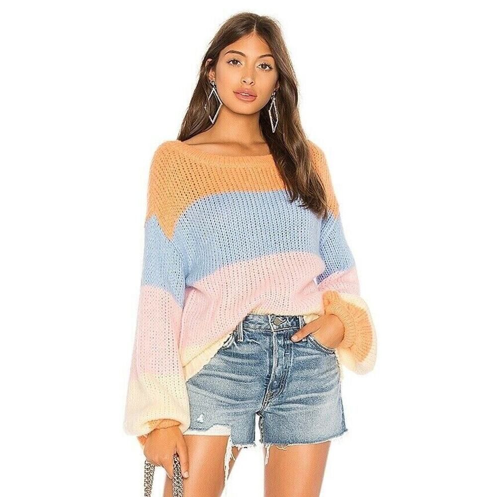 $158 Lovers & Friends Revolve Lynn Pastel Striped Balloon Sleeve Sweater M